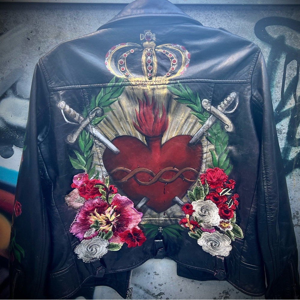 Iconic Sacred Heart Painted Leather Jacket L - Picture 5 of 16